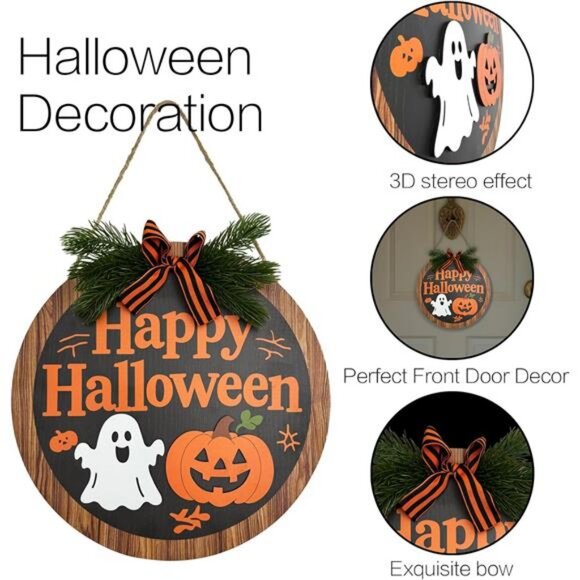 Happy Halloween Sign for Front Door,Round Wood Hanging Wreaths Sign - Picture 6 of 7